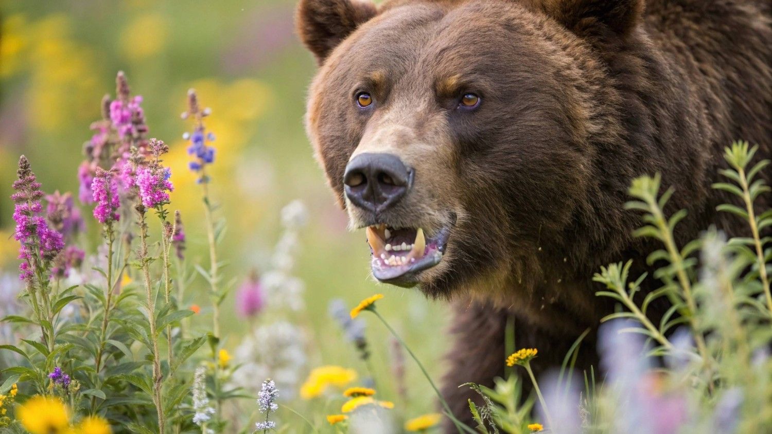 A Brown Bear Walking Among Wildflowers
