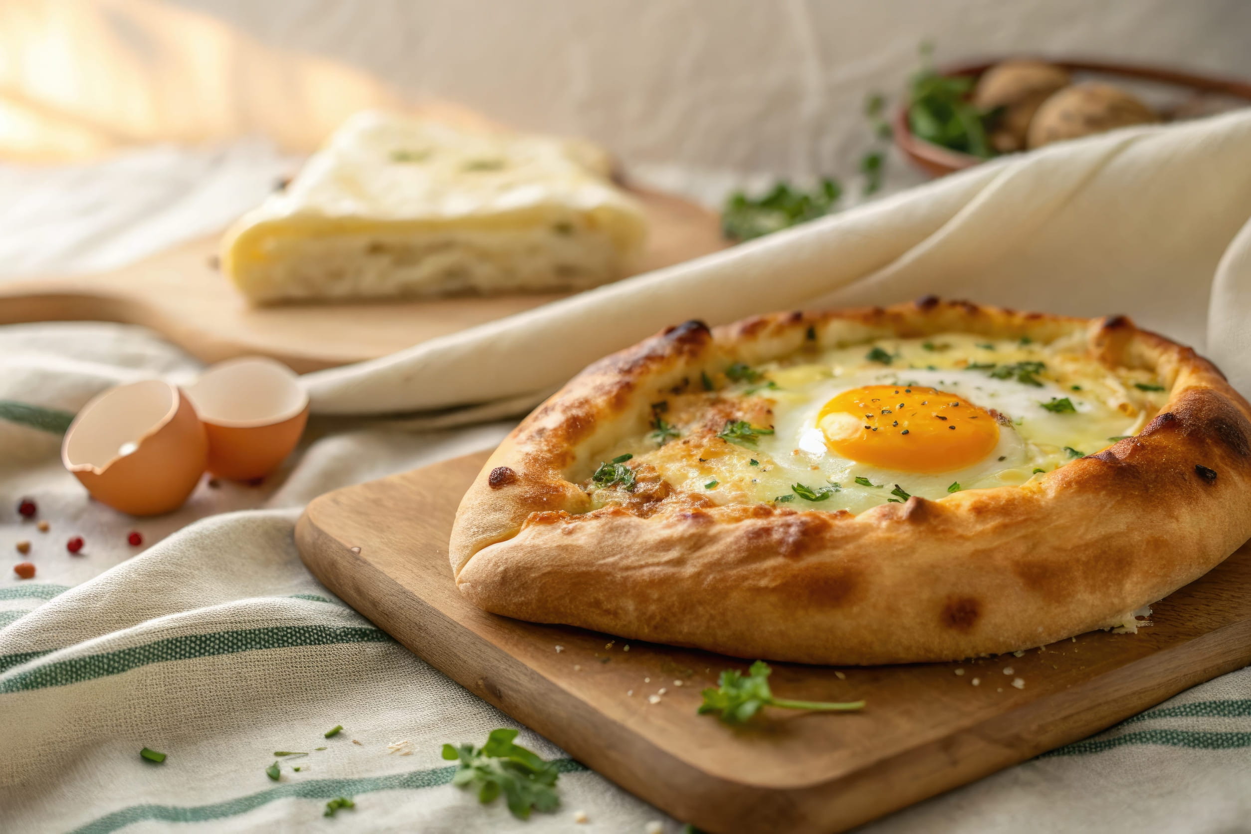 Freshly baked Khachpuri with yolk