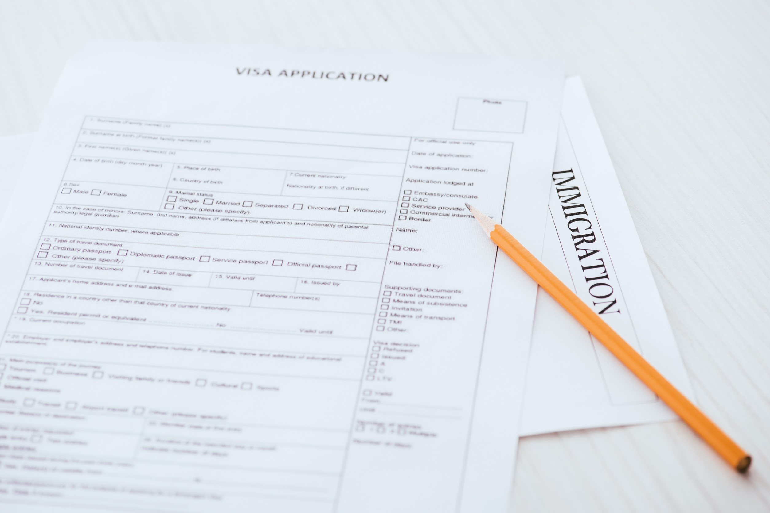 Document with visa application and immigration lettering