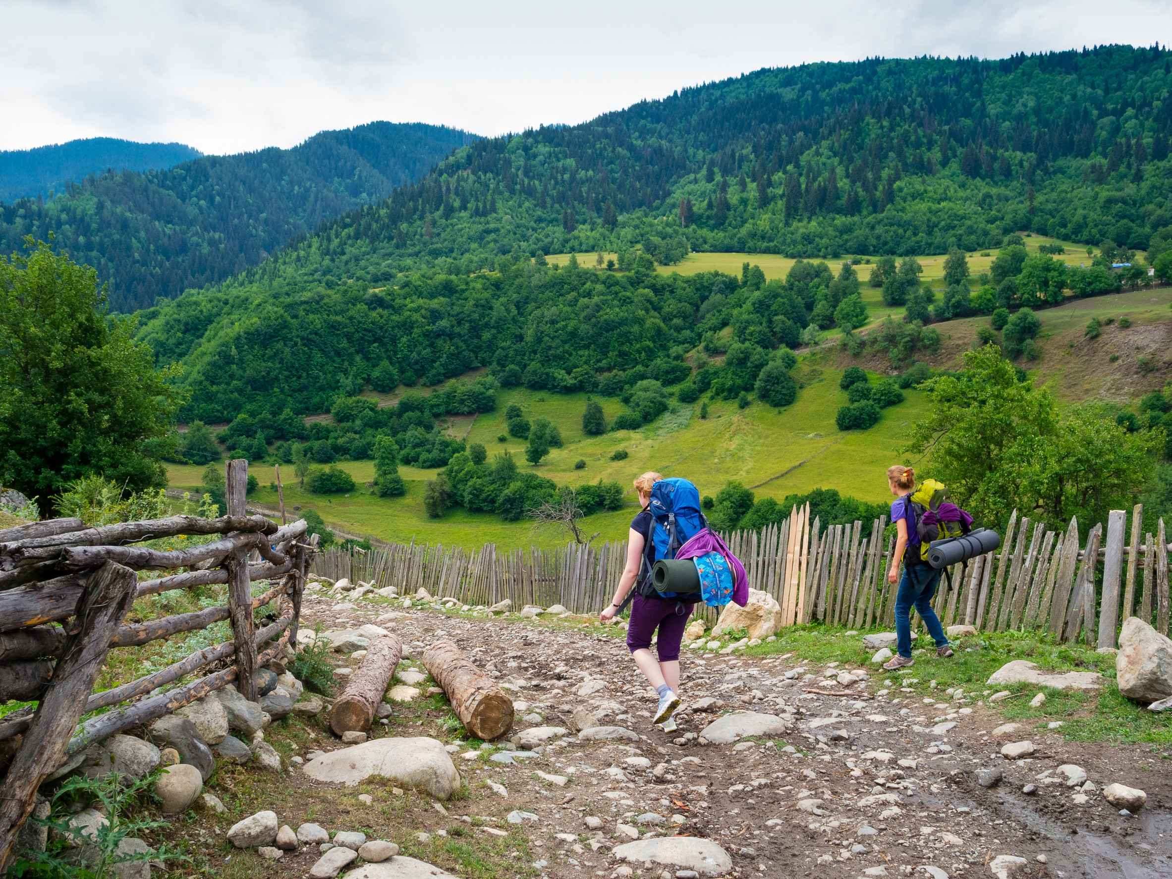 Young women trekking in Svaneti, Georgia